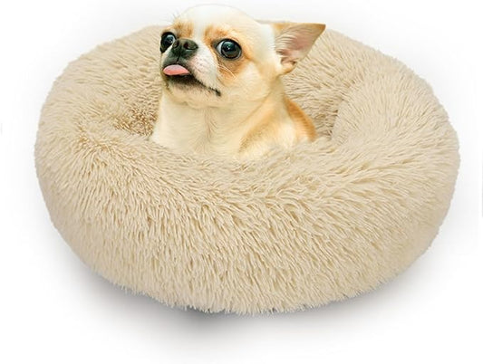 Small Dog Bed White Cream,Calming Dog Bed for Small Dogs,19 inches Donut Fluffy Pet Beds,Anti Anxiety Round Fits up to 10 lbs Soft Warm Pets Beds for Puppy Dogs Indoor - PAWPICO
