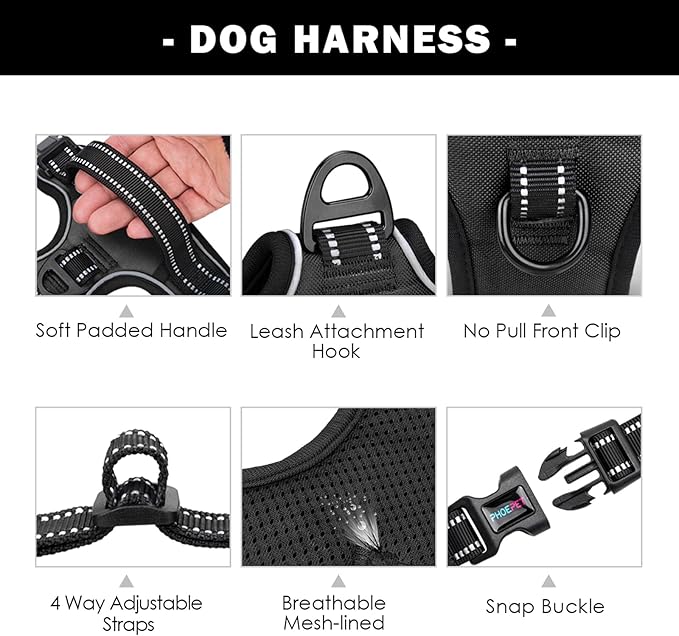 PHOEPET No Pull Dog Harness Medium Reflective Front Clip Vest with Handle,Adjustable 2 Metal Rings 3 Buckles,[Easy to Put on & Take Off](M, Black) PHOEPET