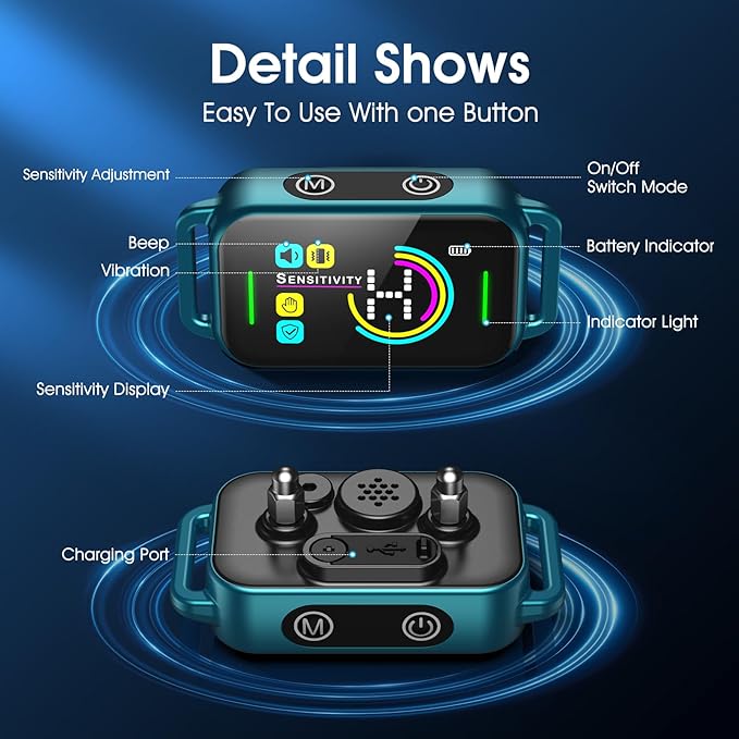 DINJOO Bark Collar, Dog Bark Collar for Large Medium Small Dogs,Smart Bark Collar,Rechargeable Anti Barking Training Collar with 8 Adjustable Sensitivity,Bark Collar with Beep (Blue) - PAWPICO