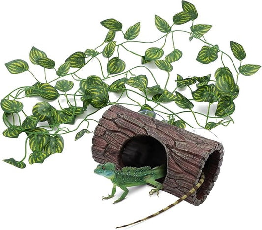Reptile Tank Accessories, Leopard Gecko Tank Accessories, Terrarium Decorations for Arboreal Reptiles, Hermit Crabs, Leopard Gecko, Lizard Terrarium, (Barrel x 1pcs, Reptile Plants x 2Meter) EELLAO