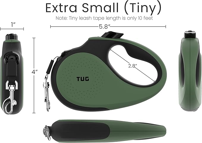 TUG Tiny 360° Tangle-Free Retractable Dog Leash with Anti-Slip Handle | 10 ft Nylon Tape | One-Handed Brake, Pause, Lock (Green) TUG