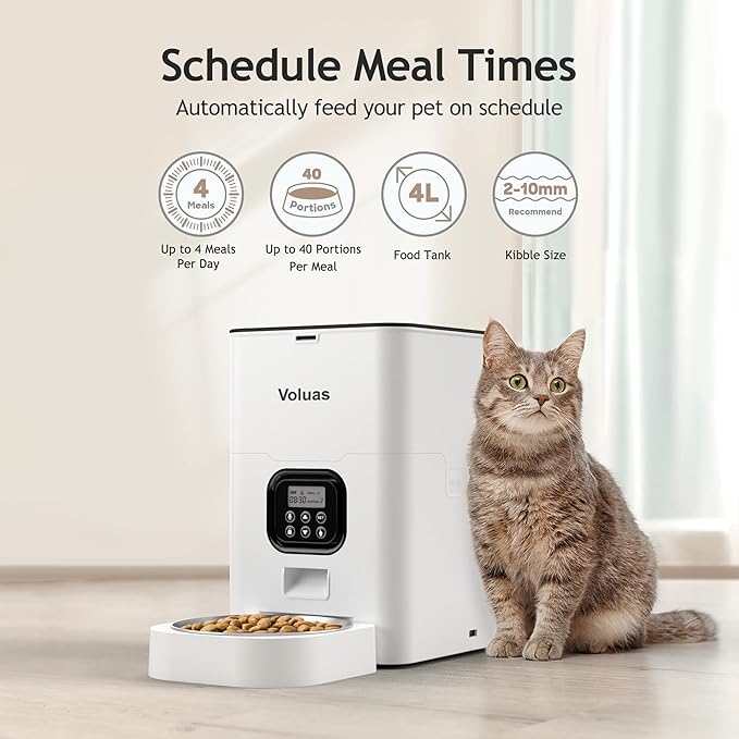 VOLUAS Automatic Cat Feeders - Timed Pet Feeder for Cats and Dogs with Dry Food Dispenser, Desiccant Bag, Programmable Portion Control, 4 Daily Meals, 10s Voice Recorder - PAWPICO