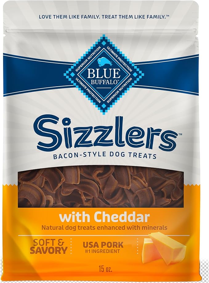 Blue Buffalo Sizzlers Bacon-Style Dog Treats with Real USA Pork, Cheddar Flavor, 15-oz Bag - PAWPICO