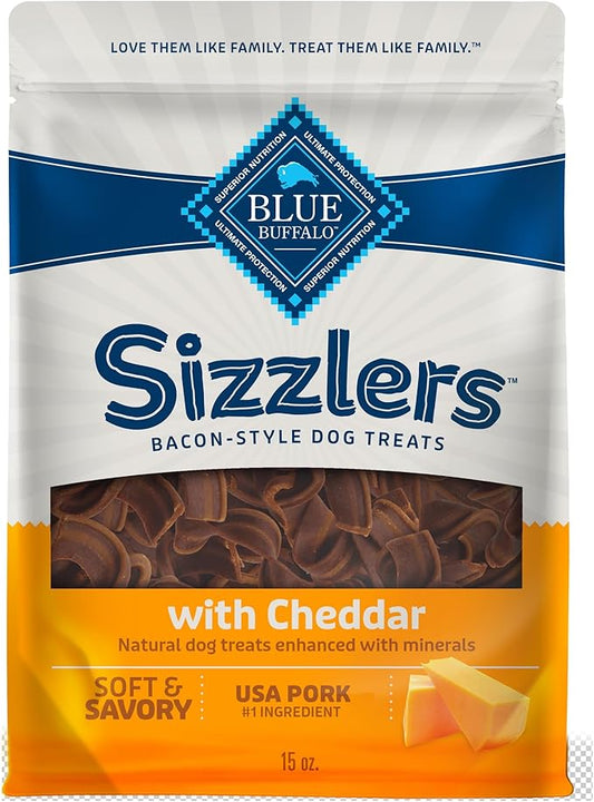 Blue Buffalo Sizzlers Bacon-Style Dog Treats with Real USA Pork, Cheddar Flavor, 15-oz Bag - PAWPICO