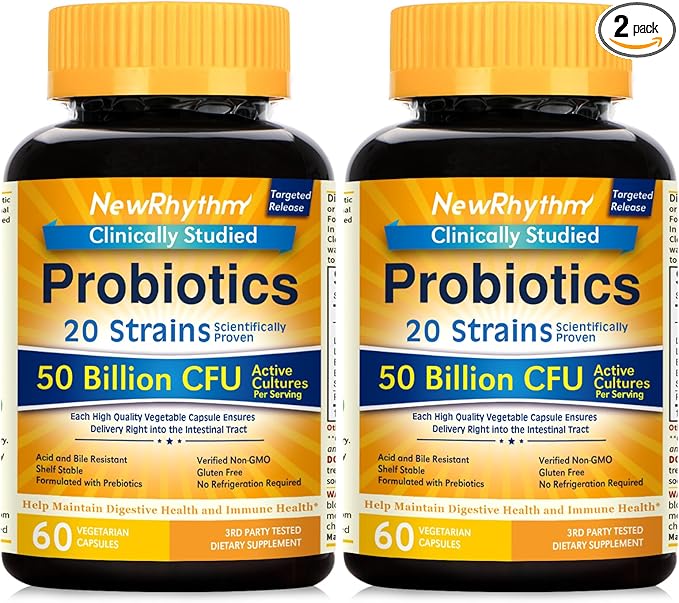 NewRhythm Probiotics 50 Billion CFU 20 Strains, 120 Veggie Capsules, Targeted Release Technology, Stomach Acid Resistant, No Need for Refrigeration, Non-GMO, Gluten Free NewRhythm