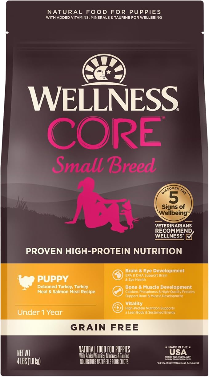 Wellness Natural Pet Food CORE Grain-Free High-Protein Small Breed Dry Dog Food, Natural Ingredients, Made in USA with Real Meat (Puppy, Turkey, 4-Pound Bag) - PAWPICO