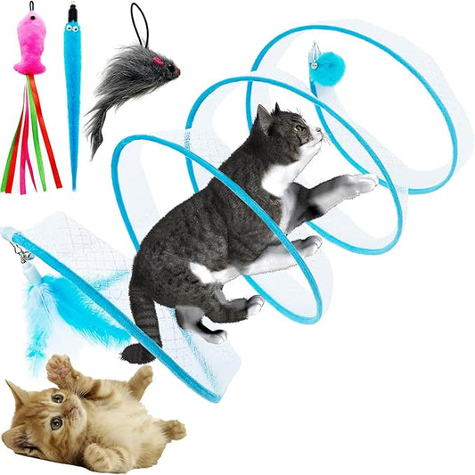 Spiral Tunnel Cat Toy, Self Play Cat Hunting Spiral Tunnel Toy Spiral Cat Toy, Folded Cat Tunnel Spring Toy for Indoor Cats (Blue) - PAWPICO