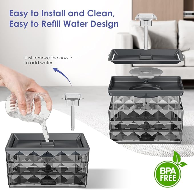 Cat Water Fountain, 135oz/4L Ultra Quiet Automatic Pet Water Fountain with Colorful LED Indicator for Water Shortage Alert, Dog Water Dispenser with Replacement Filters (Grey) - PAWPICO