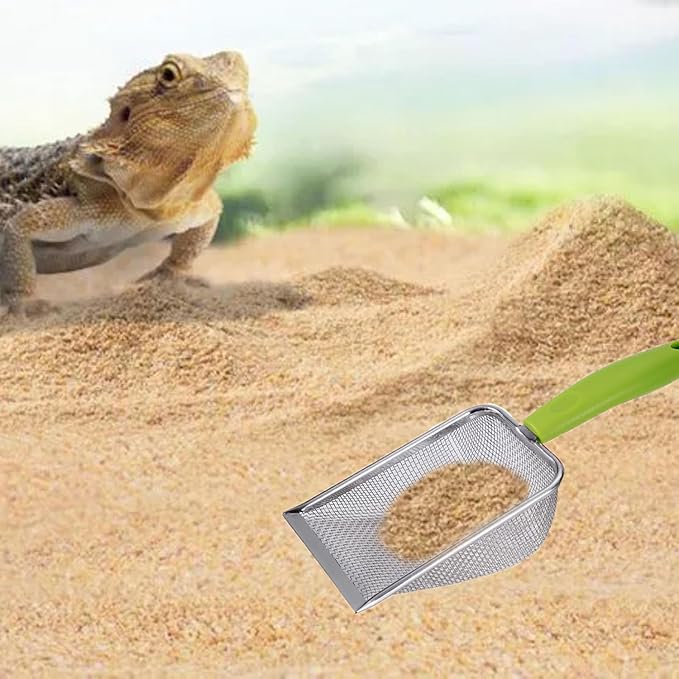 Reptile Sand Substrate Scoop Reptile Sand Fine Mesh Reptile Scooper Stainless Steel Terrarium Substrate Sand Bedding Litter Cleaner Scoop and Reptile Long Feeding Tongs Set (Green-2mm) WoYous