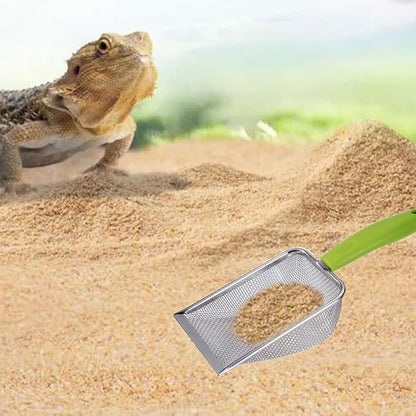 Reptile Sand Substrate Scoop Reptile Sand Fine Mesh Reptile Scooper Stainless Steel Terrarium Substrate Sand Bedding Litter Cleaner Scoop and Reptile Long Feeding Tongs Set (Green-2mm) WoYous