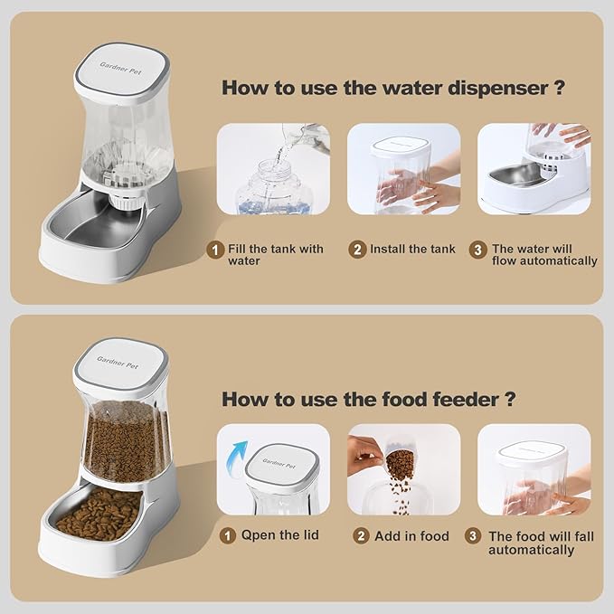 Automatic Pets Gravity Feeder and Water Dispenser Set, 1Gallon x 2 Stainless Steel Food Feeder and Waterer, 100% BPA-Free Water Bowl Dispenser for Small&Medium Dogs, Cats, Puppies(White) - PAWPICO