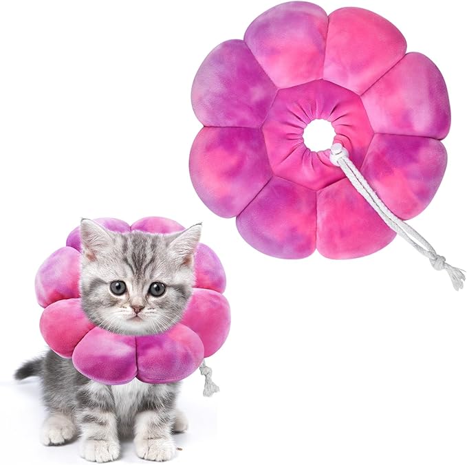 Flower Cat Cone, Uadonile Adjustable Cat Cone Collar, Soft Dog Elizabethan Collar Recovery E Collar After Surgery, Recovery E-Collar for Kittens/Puppies and Cats Recovery(Tie-dye Rose Purple, S) Uadonile
