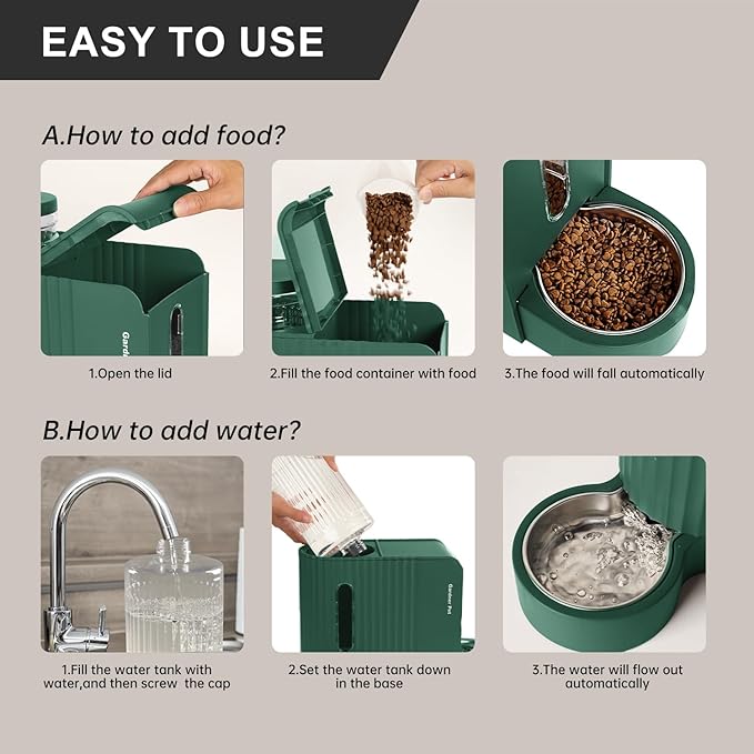 Gardner Pet Automatic Gravity Cat Food Feeder and Water Dispenser Stainless Steel Two-in-One Set Large Capacity Dispenser for Pets Dogs, Puppies, Kittens - PAWPICO