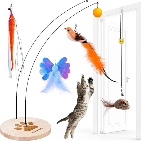 JXFUKAL Interactive cat Toy, Automatic Cat Wand Toy with Stable Wooden Base, 2 PCS Detachable Cat Teaser, 5PCS Refills Replacement & Hanging Cat Toy, Kitty Kitten Toys Cat Feather Spring String Toy - PAWPICO