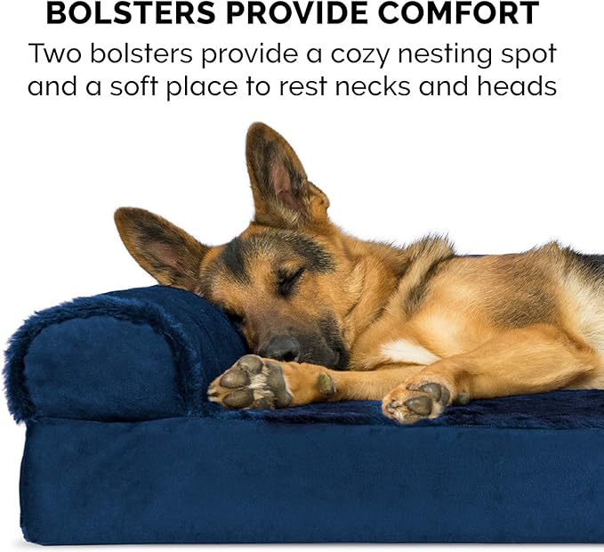 Furhaven Orthopedic Dog Bed for Large/Medium Dogs w/ Removable Bolsters & Washable Cover, For Dogs Up to 55 lbs - Plush & Velvet L Shaped Chaise - Deep Sapphire, Large - PAWPICO