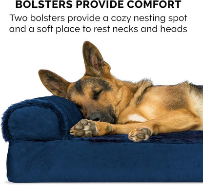 Furhaven Orthopedic Dog Bed for Large/Medium Dogs w/ Removable Bolsters & Washable Cover, For Dogs Up to 55 lbs - Plush & Velvet L Shaped Chaise - Deep Sapphire, Large - PAWPICO