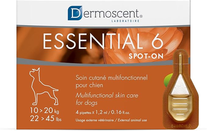 Dermoscent Essential 6 spot-on - Dog Skin Care for Dandruff & Allergy Relief with Vitamin E Oil - Anti Itch for Dogs - Natural Ingredients for Sensitive Skin - Dogs 10-20 kg - 4 Pipettes of 1.2 ml Dermoscent