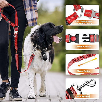 Removable Dog Seat Belt Harness for Car, 3 in 1 Pet Dog Car Seatbelt Leash, Retractable Restraint Secures to Vehicle Headrest & Adjustable Reflective Bungee Dog Seatbelt Tether, Red - PAWPICO