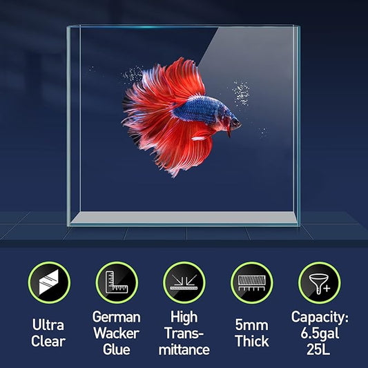6.5 Gallon Ultra Clear Glass Fish Tank, Rimless Low Iron Aquarium for Betta/Nano/Goldfish/Snail/Shrimp, Fish Tank & Cover Set & Feeding Ring & Cleaning Tools LAQUAL