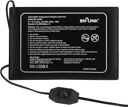 BN-LINK Reptile Heating Pad 8" X 12" with Adjust Knob, Adjustable Temperature Electric Indoor Under Tank Terrarium Heating Mat Waterproof for Turtles, Lizards, Frogs, and Other Reptiles BN-LINK