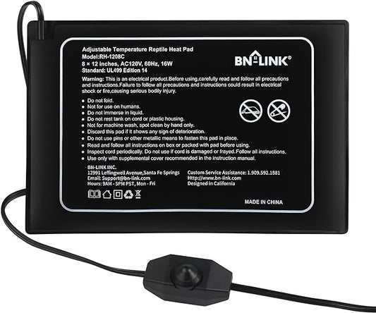 BN-LINK Reptile Heating Pad 8" X 12" with Adjust Knob, Adjustable Temperature Electric Indoor Under Tank Terrarium Heating Mat Waterproof for Turtles, Lizards, Frogs, and Other Reptiles BN-LINK