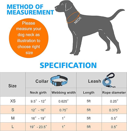Reflective Dog Collar Padded with Soft Neoprene Breathable Adjustable Nylon Dog Collars for Small Medium Large Dogs (Medium (Pack of 1), Vivid Blue Collar+Leash) ladoogo