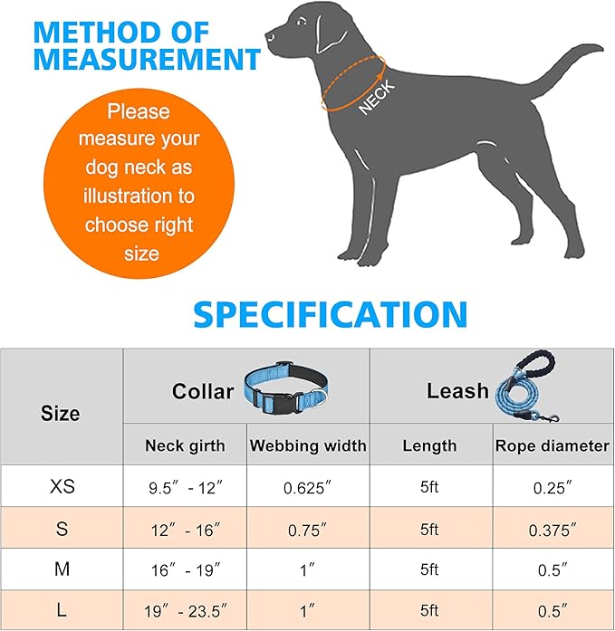 Reflective Dog Collar Padded with Soft Neoprene Breathable Adjustable Nylon Dog Collars for Small Medium Large Dogs (Large (Pack of 1), Vivid Blue Collar+Leash) ladoogo