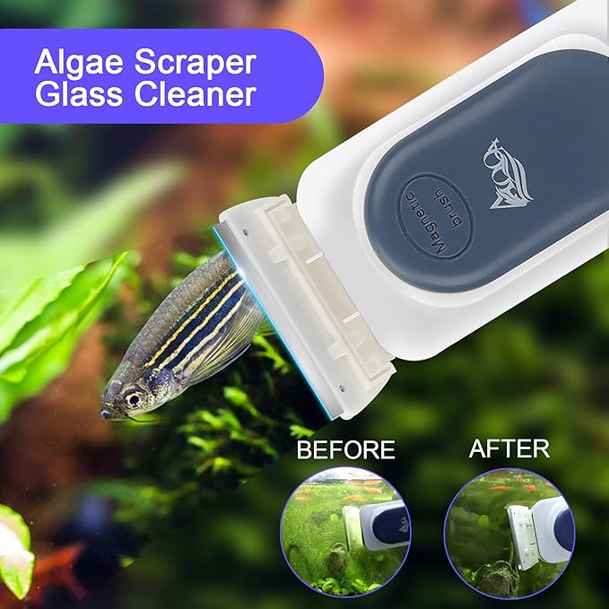 AQQA Aquarium Strong Magnetic Cleaner Brush, Fish Tank Glass Algae Magnet Cleaning Tool Floating Cleaner Scrubber Brush with 2 Detachable Scraper (Blue,L) AQQA