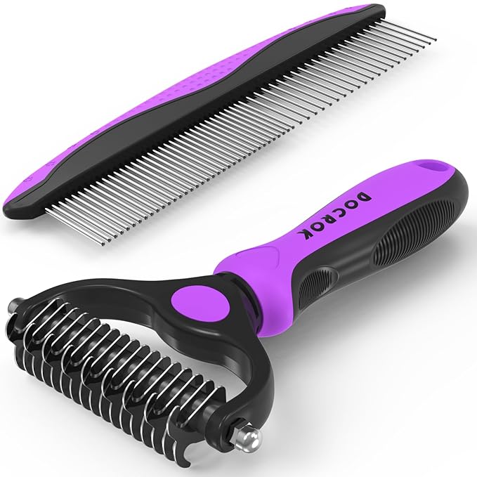 Pet Grooming Brush and Metal Comb Combo - Undercoat Rake for Dematting and Deshedding Long Matted Haired Dogs and Cats, Purple - PAWPICO