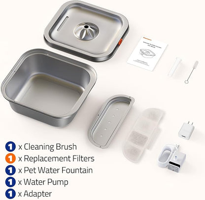 Cat Water Fountain Stainless Steel: 4L/140oz Pet Fountain Water Bowl Indoor, Automatic Dog Drinking Dispenser, Cat Feeding Watering Supplies, Metal Kitty Waterer Fountain, 1 Replacement Filters - PAWPICO