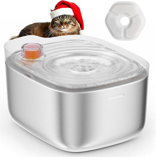 Cat Water Fountain Stainless Steel, 4.5L/158oz Automatic Cat Water Dispenser, Wired Pet Water Fountains for Cats Indoor, Dog Water Bowl with Quiet Pump, Colorful Water Level Float, White - FS10 - PAWPICO