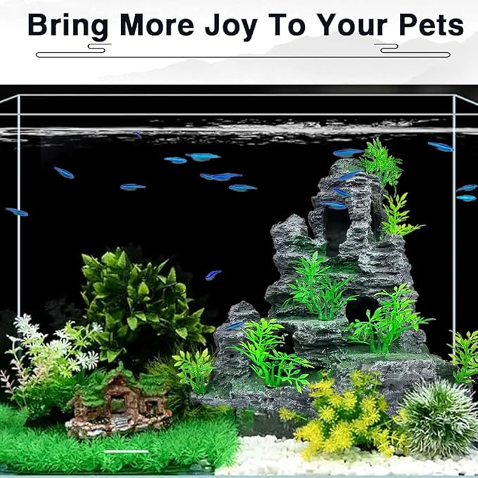 Aquarium Decorations Large and Tall Fish Tank Decor Aquarium Rock Mountain View Aquarium Ornament Tree House Cave Fish Tank Decorations for Large Fish Tank - 10.2 Inches High GOLOMOZ