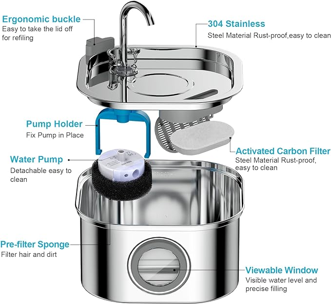 Cat Water Fountain Stainless Steel: 108oz/3.2L Automatic Pet Water Fountain - Dog Water Dispenser with Water Level Window - for Cats Inside with 8 Replacement Filters and 8 Sponge… - PAWPICO