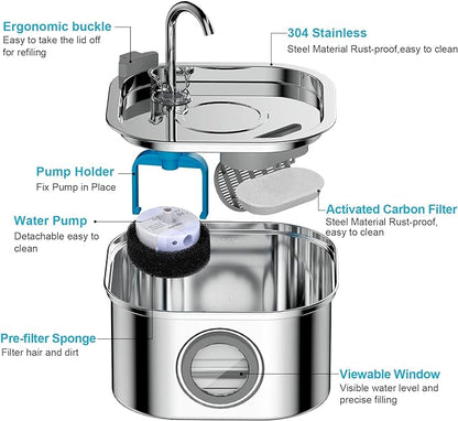 Cat Water Fountain Stainless Steel: 108oz/3.2L Automatic Pet Water Fountain - Dog Water Dispenser with Water Level Window - for Cats Inside with 8 Replacement Filters and 8 Sponge… - PAWPICO