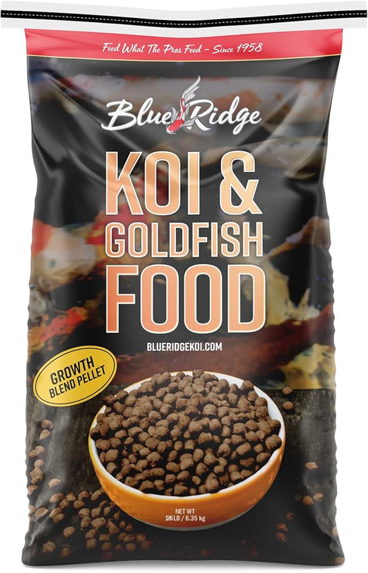 Blue Ridge Koi Fish Food 25lb - Koi Food 3/16” Large and Mini Blend Growth Formula, Goldfish Food, Premium Fish Food for Ponds, Ponds Fish Food, Floating Pond Pellets BlueRidgeFishHatchery