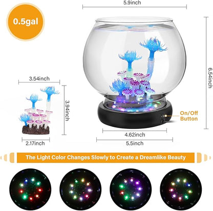 hygger 0.5 Gallon/1 Gallon Glass Fish Bowl with LED Light and Decor, Small Round Betta Fish Tank Goldfish Bowl, Round Clear Unbreakable Aquarium/Vase/Hydroponic Plant Terrarium, Nice Centerpieces hygger