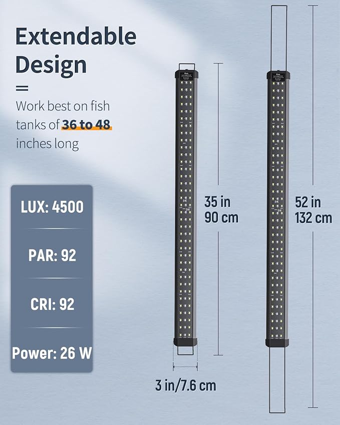 Pawfly 28W Aquarium LED Light for 36 to 48 Inch Fish Tanks Extendable Fish Tank Light with Full Spectrum Brilliant White Blue Red Lights with Daytime & Night Modes and Adjustable Brightness Pawfly
