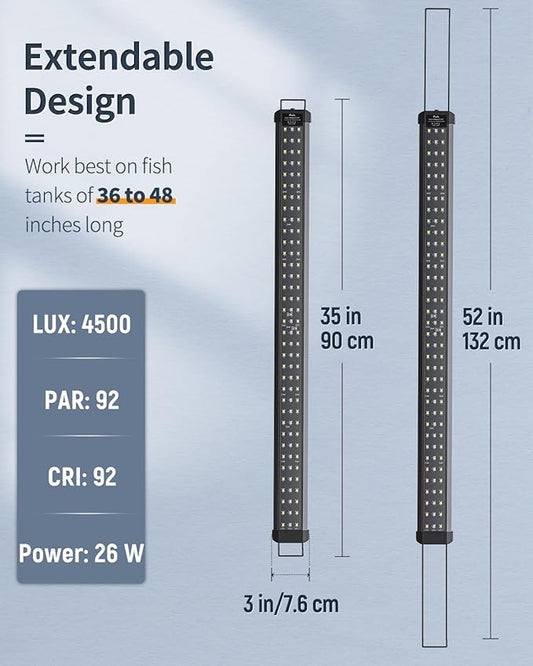 Pawfly 28W Aquarium LED Light for 36 to 48 Inch Fish Tanks Extendable Fish Tank Light with Full Spectrum Brilliant White Blue Red Lights with Daytime & Night Modes and Adjustable Brightness Pawfly