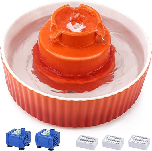 Ceramic Cat Water Fountain, 2.1L/71oz Cat Fountain with 3 Carbon Filters and 2 Water Pumps, Cupcake Pet Water Fountain for Cats and Dogs (Orange) - PAWPICO