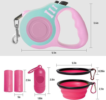 Retractable Dog Leash Automatic Telescopic Tractor Dog Tape, Pet Tape 10/16 FT Durable and Convenient, with Folding Bowl, Dispenser, Rubbish Bags, Suitable for Small and Medium Dogs LIEVUIKEN