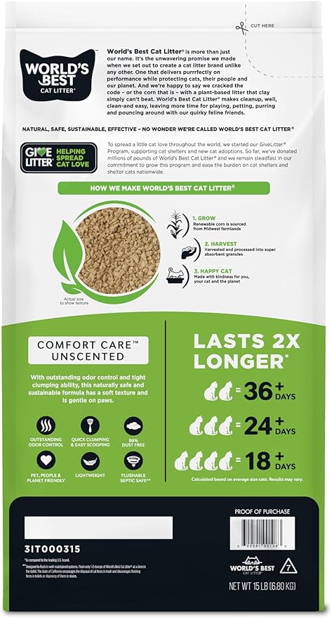 WORLD'S BEST CAT LITTER Comfort Care Unscented 15-Pounds - Natural Ingredients, Quick Clumping, Flushable, 99% Dust Free & Made in USA - Long-Lasting Odor Control & Easy Scooping - PAWPICO