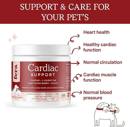 Fera Pets Cardiac Supplement for Dogs & Cats – 120 Capsules - Vet Created -Cardiovascular Function & Strength-Taurine, CoQ10, Organic Hawthorne Berry FeraPets
