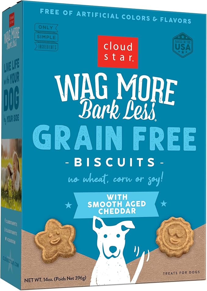Cloud Star Wag More Bark Less Crunchy Grain Free Dog Treats, Cheddar Cheese, 14 oz. Box - PAWPICO