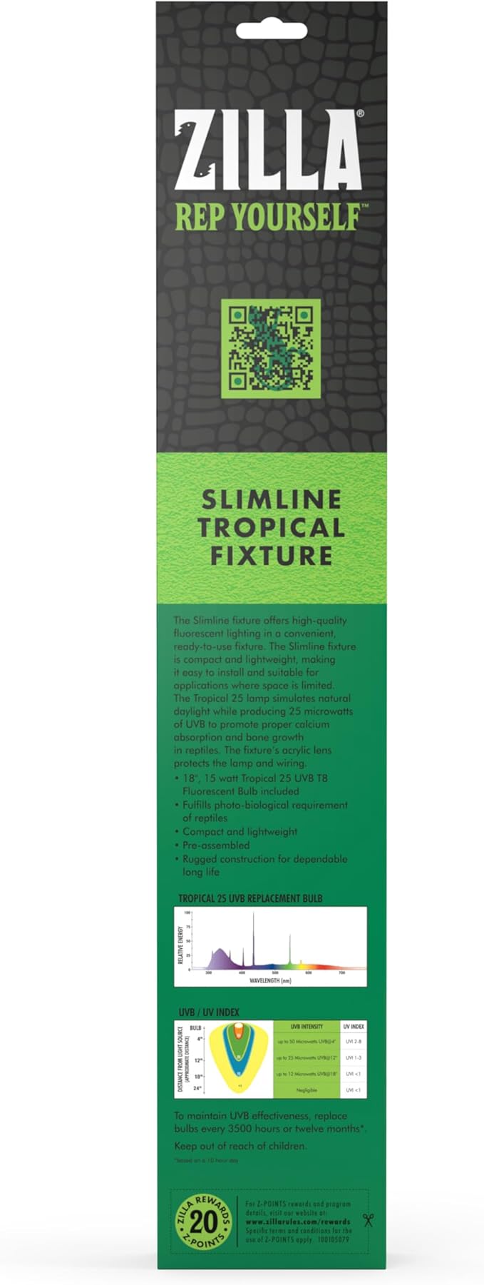 Zilla Reptile T8 Slimline Tropical Pet Habitat Light Fixture with 15 Watt Fluorescent Bulb, 18 Inches Zilla