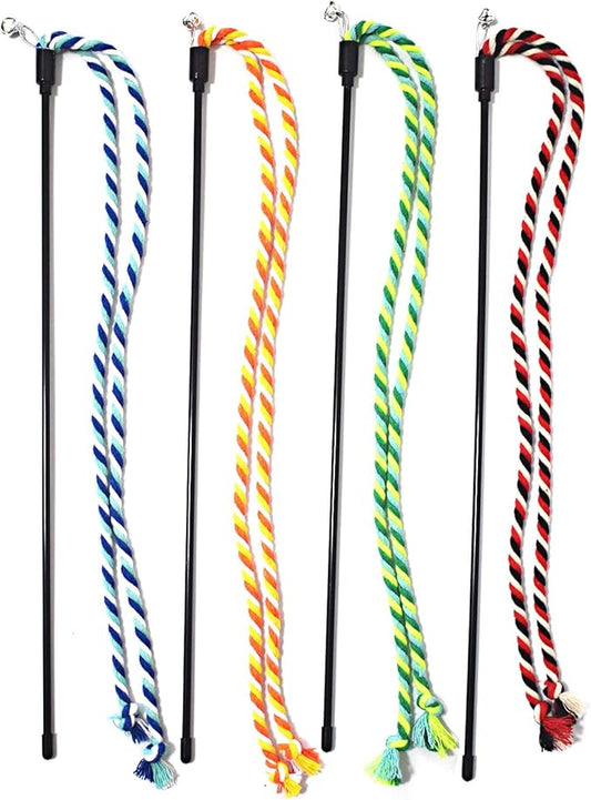 IUHKBH Cat Wands, 4 PCS Colorful Rope Cat Toys Interactive Cat Teaser Wands with Bell for All Breed Sizes - PAWPICO