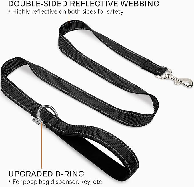Joytale Double-Sided Reflective Dog Leash, 6 FT/5 FT/4 FT, Padded Handle Nylon Heavy Duty Leashes for Medium & Large Dogs Walking, Black, 5FT Joytale