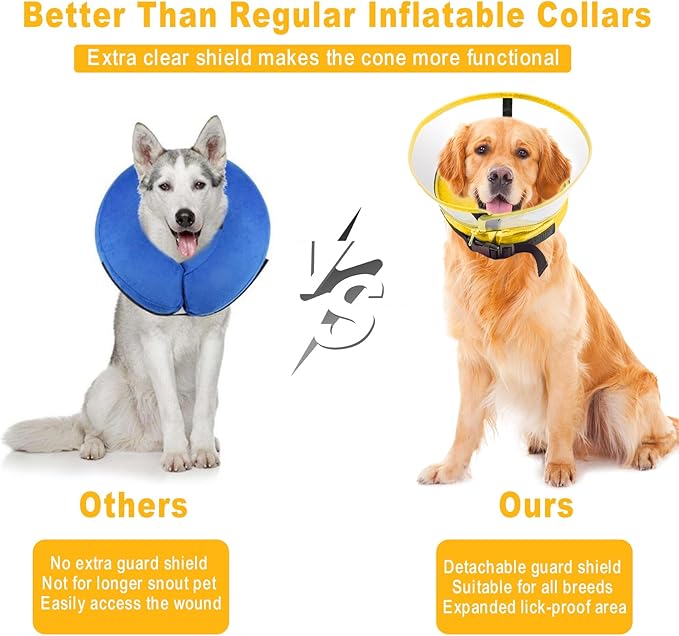 Dog Cone Collar, Inflatable Dog Cone After Surgery for Small Medium Large Dogs, Soft Dog Cone of Alternative with Enhanced Anti-Licking Guard Shield for Pets (Yellow, M (Neck: 9"-12")) RoyalClaws