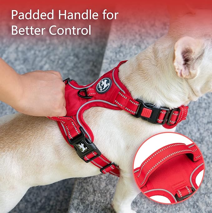 PoyPet No Pull Dog Harness, No Choke Reflective Dog Vest, Adjustable Pet Harnesses with Easy Control Padded Handle for Small Medium Large Dogs(Red Matching Trim,L) PoyPet