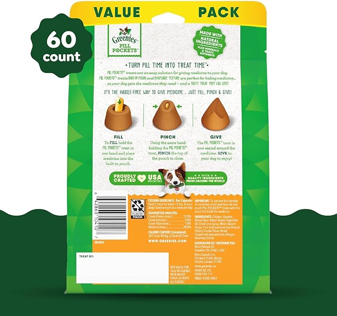 Greenies Pill Pockets for Dogs Capsule Size Natural Soft Dog Treats Chicken Flavor, 15.8 oz. Pack (60 Treats) - PAWPICO