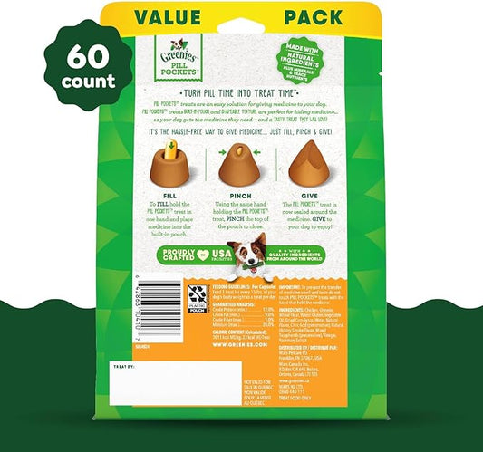 Greenies Pill Pockets for Dogs Capsule Size Natural Soft Dog Treats Chicken Flavor, 15.8 oz. Pack (60 Treats) - PAWPICO